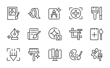 Painting line icon set. Creativity, drawing, portfolio, idea, Brush, graphic design, Spray, color palette, paint bucket icon illustration