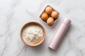 Fresh eggs, flour bowl, and pink portable foam maker on marble surface