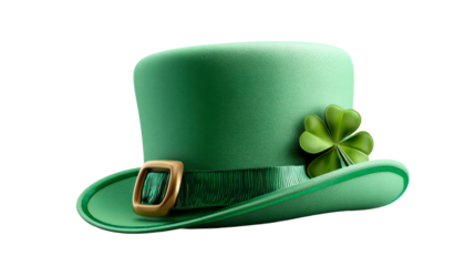Vibrant green leprechaun hat with a shiny gold buckle and lucky four leaf clover is perfect for St Patricks Day celebrations and holiday promotions