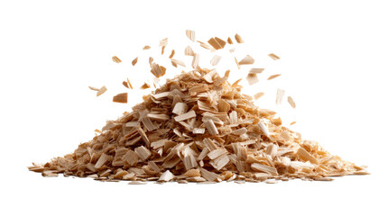 Dynamic heap of light brown wood chips and shavings actively scattering, ideal for sustainable packaging concepts, construction material advertisements, gardening product promotions, or