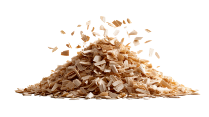 Dynamic heap of light brown wood chips and shavings actively scattering, ideal for sustainable packaging concepts, construction material advertisements, gardening product promotions, or