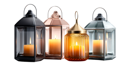 Assortment of modern decorative lanterns featuring various metallic and glass designs with glowing candles providing a warm and inviting ambiance perfect for stylish home decor and festive