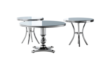 Sleek metallic chrome tables with reflective round tops create a sophisticated and luxurious display for interior decor or product presentation needs