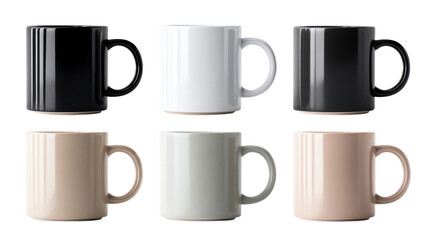 A collection of sleek ceramic coffee mugs in various neutral colors including black, white, and subtle beige tones, perfect for stylish kitchenware advertisements and modern home decor