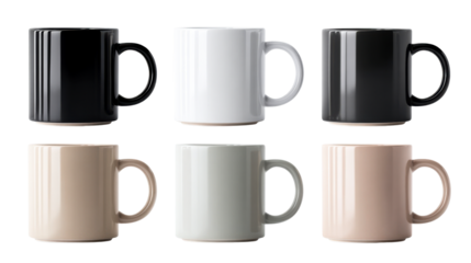 A collection of sleek ceramic coffee mugs in various neutral colors including black, white, and subtle beige tones, perfect for stylish kitchenware advertisements and modern home decor