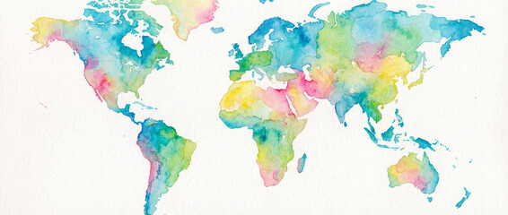 Naklejka premium Colorful Watercolor World Map on White Background | Bright Artistic Global Illustration