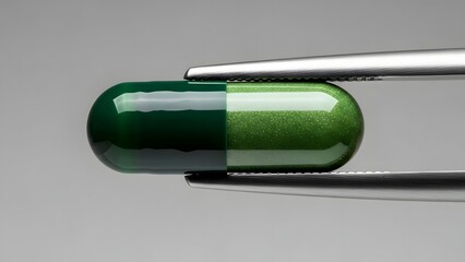 Green capsule held by tweezers on gray background medical pill
