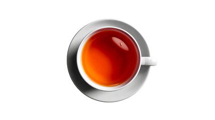 A warm and inviting cup of fragrant amber tea presented in a pristine white ceramic cup and saucer from an overhead perspective, ideal for promoting beverages or cozy moments.