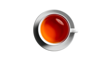 A warm and inviting cup of fragrant amber tea presented in a pristine white ceramic cup and saucer from an overhead perspective, ideal for promoting beverages or cozy moments.