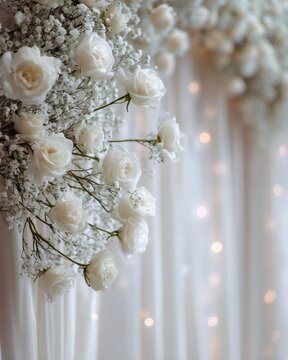 Elegant White Roses and Baby's Breath Floral Arrangement with Soft Bokeh Lights