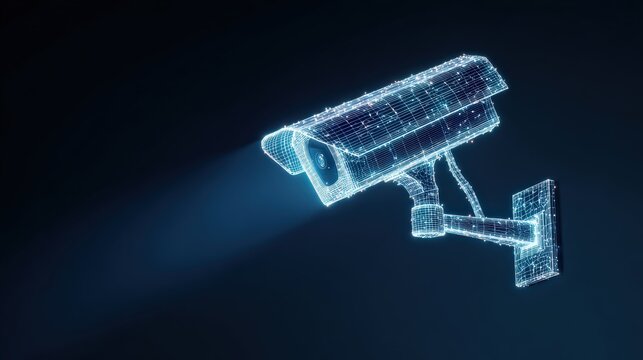 A futuristic and tech-forward security camera illuminates the shadows, safeguarding the perimeter, and offering vigilant surveillance. ..Created with Generative AI, not depicting real subjects. - Powered by Adobe