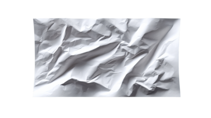 A textured sheet of crumpled white paper exhibits intricate folds and deep shadows, providing a dynamic visual for backgrounds, surface representations, or concepts relating to stress and
