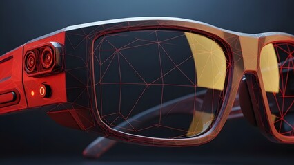 Red and gold futuristic glasses with wireframe overlay on dark background