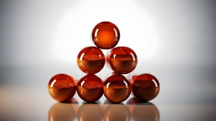 Shiny red spheres arranged in a pyramid formation on a reflective surface
