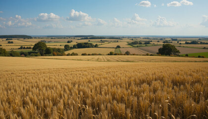 Fototapeta premium A serene landscape of a golden wheat field under a blue sky
