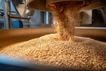 the process of grinding malt grains in a mill. The grains are processed to make beer.