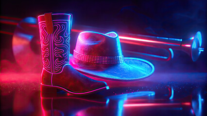 Neon-lit cowboy boot and hat on smoky reflective surface concept. A vibrant display of stylish boots and cowboy hat in neon light.