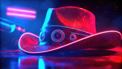 Neon-lit cowboy boot and hat on smoky reflective surface concept. A vibrant neon cowboy hat glowing in a dark environment.