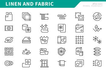 Linen and fabric management icons set. Washing, drying, clean, iron, fabric care, maintenance, service, hotel, vector icon pack. Pixel-perfect stroke