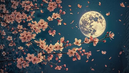 Beautiful Cherry Blossoms in Night Sky with Full Moon