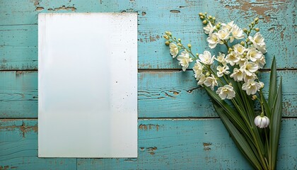 Vintage Flat Lay: Lily of the Valley Bouquet & Empty Paper Sheet on Turquoise Rustic Table , Top View with Copy Space