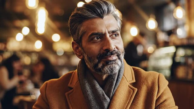 Elegant middle-aged man with salt-and-pepper hair and beard in warm indoor setting displaying thoughtful expressions