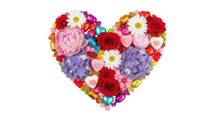 Colorful heart shaped floral arrangement isolated on transparent background