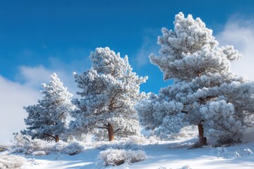 Majestic Rime Ice Coated Pine Trees in a Pristine Winter Landscape Under a Brilliant Blue Sky.