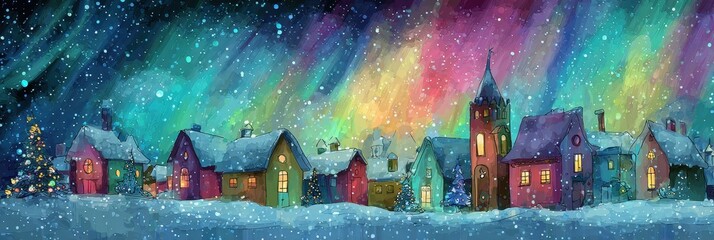 Enchanting Winter Village Under Aurora Borealis Cozy Homes, Snowy Night, Christmas Trees, Magical Lights.