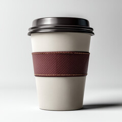 Premium takeaway coffee cup mockup with brown lid and textured sleeve, isolated on white background, modern and minimal style