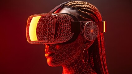 Woman wearing futuristic red virtual reality headset with digital mesh overlay