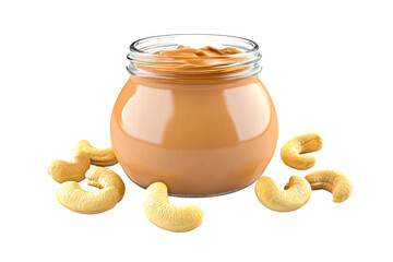 Creamy cashew butter in a clear glass jar surrounded by delicious raw cashew nuts, perfect for healthy breakfast spreads and nutritious snack promotions