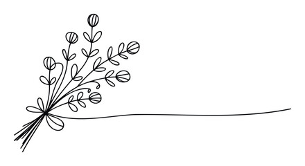 Obraz premium A simple continuous line drawing of a charming handdrawn floral bouquet with stylized flower buds and leaves, ideal for greeting cards, invitations, wedding decor, and naturethemed projects.