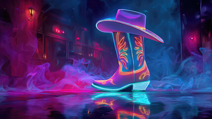 Neon-lit cowboy boot and hat on smoky reflective surface concept. Vibrant neon cowboy boots in a colorful, smoky atmosphere.