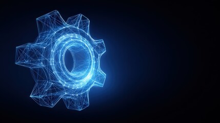 A high-tech digital gear, glowing with vibrant blue light, against a stark backdrop, suggesting complex systems and intricate processes. ..Created with Generative AI, not depicting real subjects.