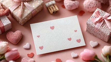 Greeting card mockup surrounded by gifts and hearts on a pink background for Valentine's Day celebration