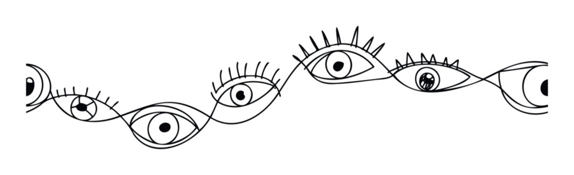 Surreal line drawing featuring multiple mystical eyes connected by a flowing continuous line, perfect for spiritual graphics, modern wall decor, or abstract tattoo inspiration