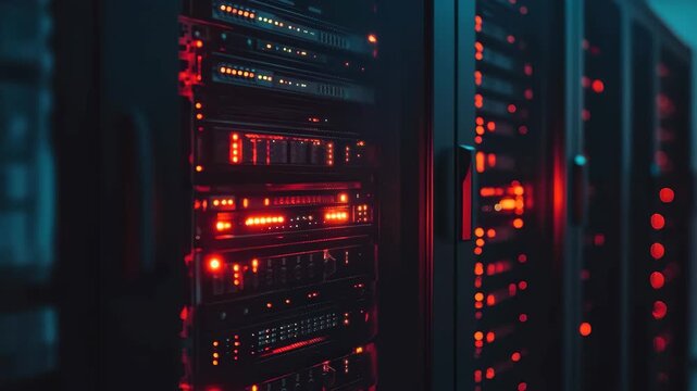 Data processing and network connections within a server room at night showcasing technological infrastructure, data processing over scope scanning and connections