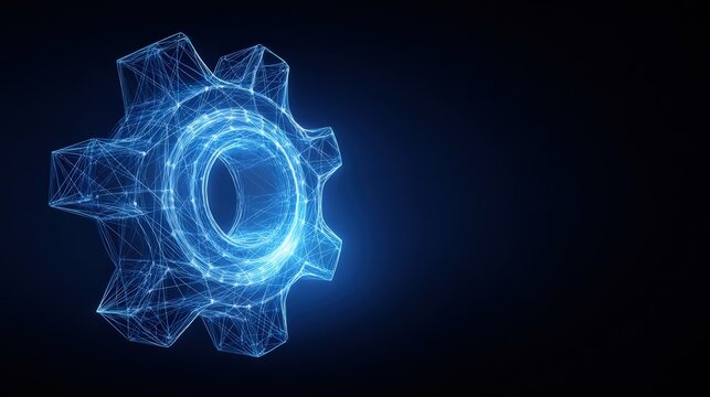 A high-tech digital gear, glowing with vibrant blue light, against a stark backdrop, suggesting complex systems and intricate processes. ..Created with Generative AI, not depicting real subjects.