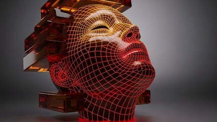 Digital wireframe head with glowing red and yellow