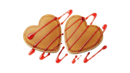 Two heart shaped pancakes with red syrup drizzled on them isolated on transparent background