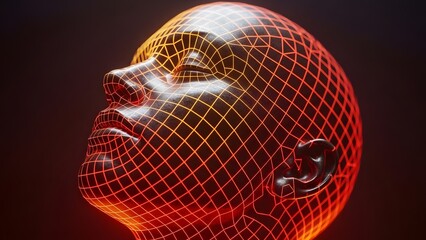 Digital wireframe of a human head with glowing red and orange grid lines
