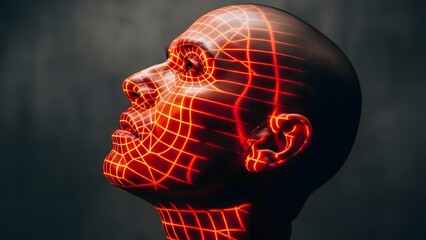 Digital wireframe of a human head with red grid lines and glowing eyes