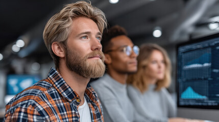 Young man with beard and plaid shirt working with diverse colleagues in modern office, focused on computer screen with data charts