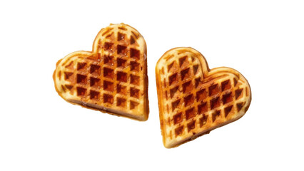 Two golden heart shaped waffles isolated on transparent background