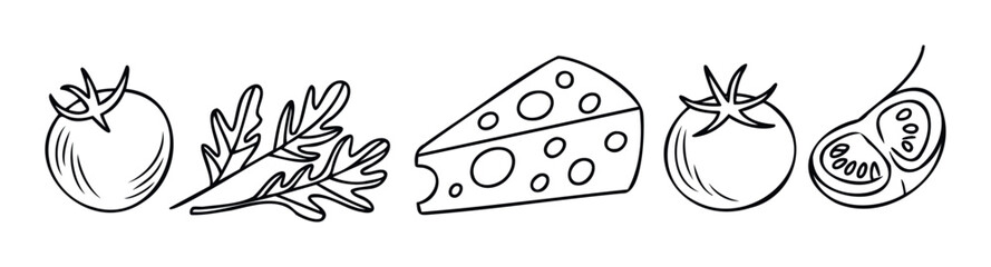 This collection of hand drawn food ingredients including fresh red tomatoes, green arugula leaves, and delicious cheese is perfect for cooking themed graphics and healthy recipe layouts