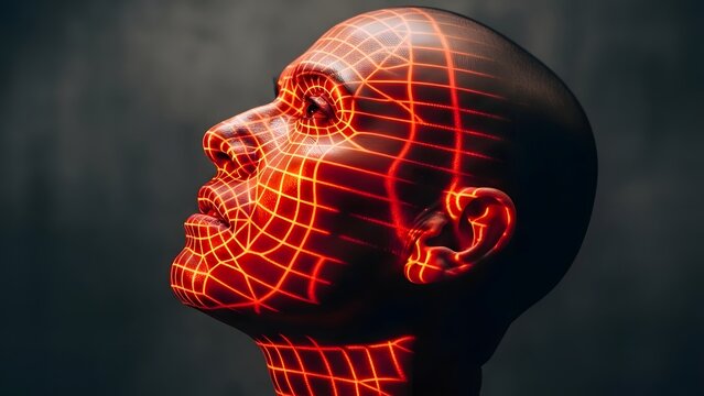 Digital wireframe of a human head with red grid lines and glowing eyes - Powered by Adobe
