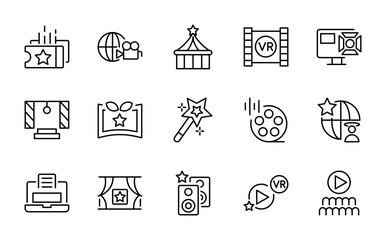 Stage performance line icon set. Show event, music concert, theater acting, live entertainment, audience interaction, pixel-perfect icons