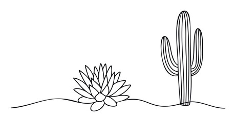 Simple black line drawing of desert flora featuring a towering saguaro cactus and a beautiful rosette succulent plant for use in ecological studies or southwest landscape themed graphic