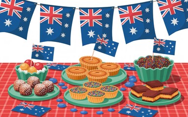Obraz premium Celebration of Australia Day with traditional desserts and Australian flags on a festive red plaid tablecloth setting.